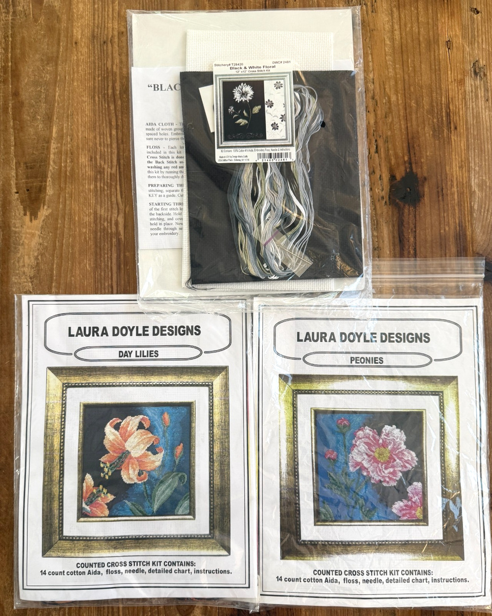 Lot of 3 Floral Cross Stitch Kits Laura Doyle Day Lilies Peonies Spring Sealed